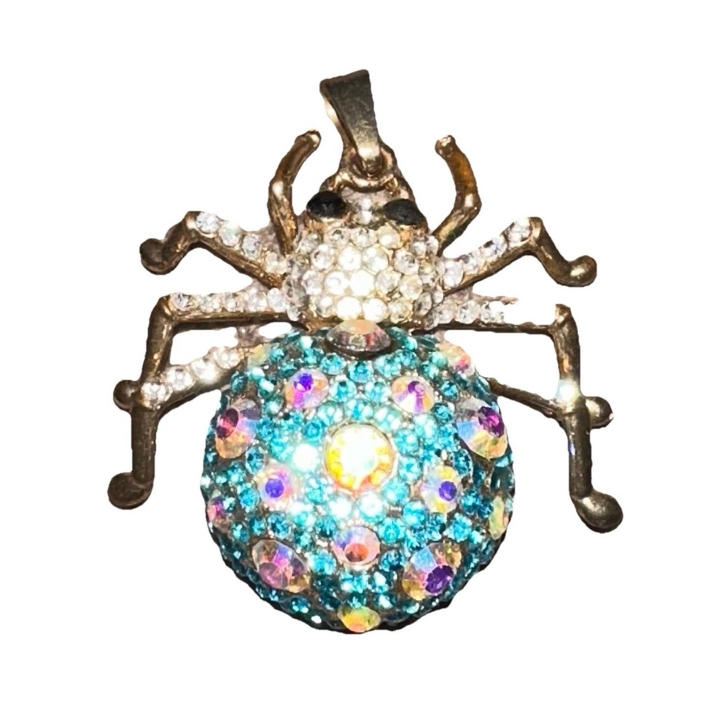 Betsey Johnson Fat Spider Pendant Creepy Crawler Halloween Teal Blue‎ Crystal